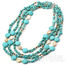 Popular 4-Strand Flat Round And Chipped Blue Turquoise And Coin Pearl Necklace With Magnetic Clasp