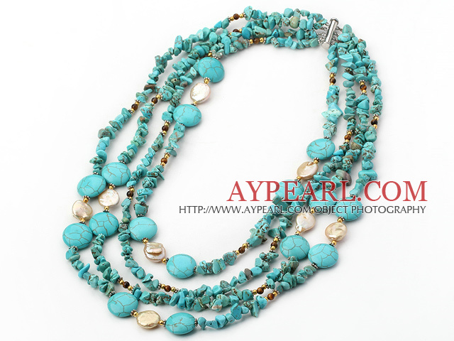 Popular 4-Strand Flat Round And Chipped Blue Turquoise And Coin Pearl Necklace With Magnetic Clasp