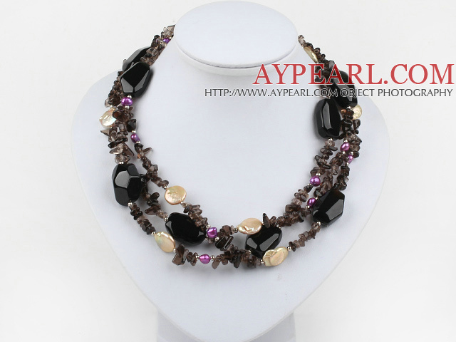 3-strand red pearl and smoky quartze necklace