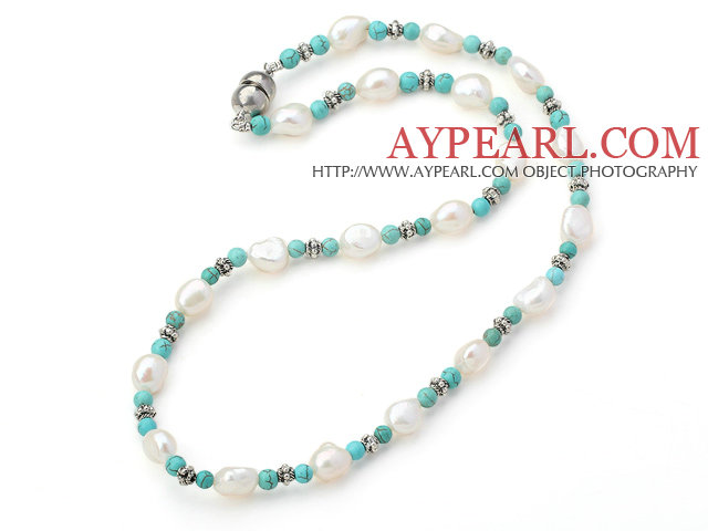 17,3 Zoll white pearl türkis und tibet Silber Charme Halskette