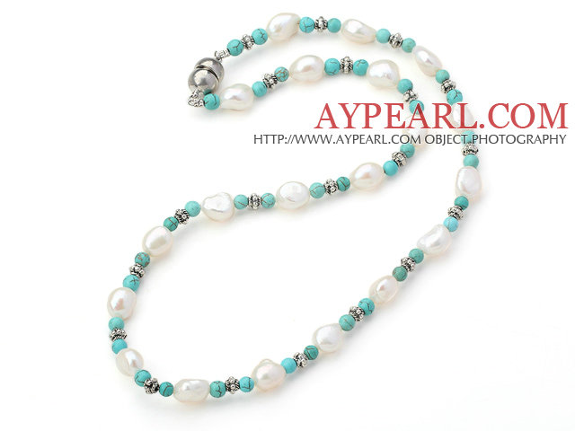 17.3 inches white pearl turquoise and tibet silver charm necklace