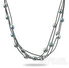 Three Strands 11-12mm Black Freshwater Pearl and Black Leather Necklace