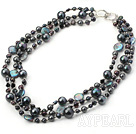 Beautiful Shiny 3 Strands Black Freshwater Pearl And Seashell Beaded Necklace