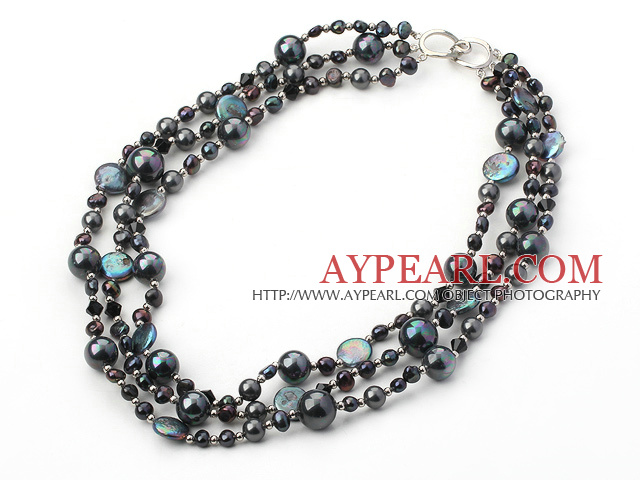 Beautiful Shiny 3 Strands Black Freshwater Pearl And Seashell Beaded Necklace