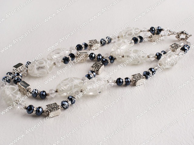 double strand black crystal and white colored glaze necklace