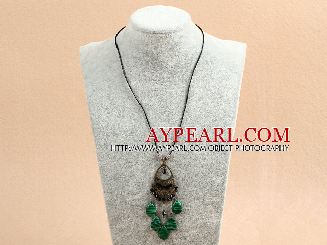 Simple Retro Style Chandelier Shape Tear Drop Phoenix Stone Black Crystal Tassel Pendant Necklace With Black Leather