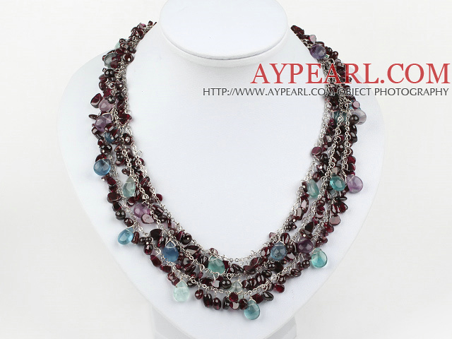 beautiful three strand rainbow flourite and garnet necklace