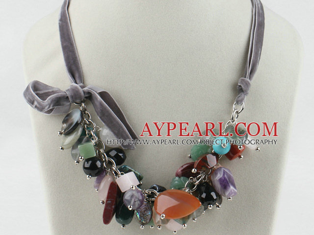 19.7 inches multicolor gemstone necklace with ribbon