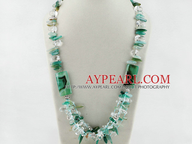 Beautiful Green Teeth And Rectangle Agate And Crystal Threaded Necklace