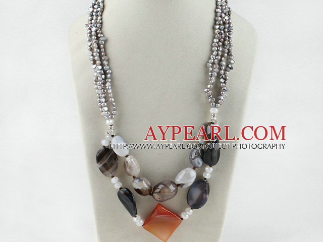 19,7 pouces de style trapu gris perle et agate collier