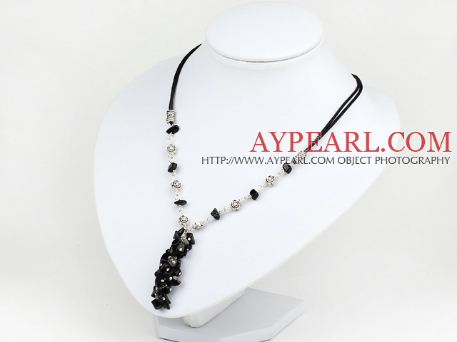 black agate chips necklace with extendable chain