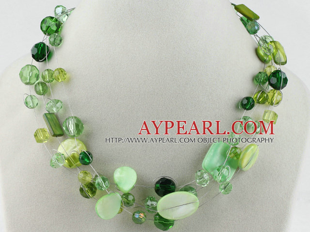 multi strand green crystal and shell necklace