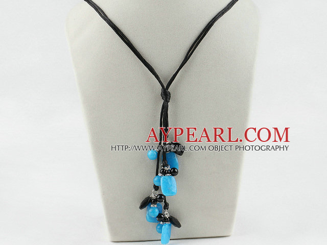 Fashion Black Agate Round And Rectangle Blue Kyanite Threaded Pendant Necklace