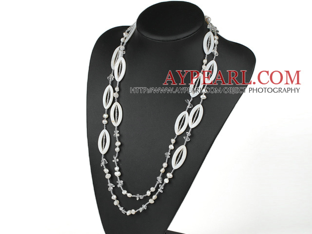 long style 51.2 inches white pearl crystal and shell necklace