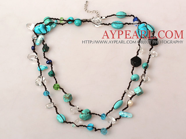 Lång Style Turkos och Pearl Crystal Hand Knutna Halsband 