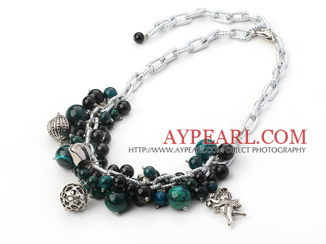 black agate and phoenix stone necklace with angle charms