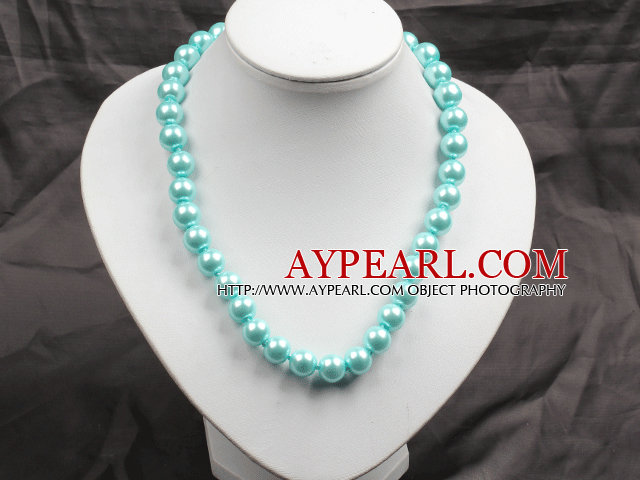 12mm Light Blue Round Glass Pearl Beads Choker Necklace Jewelry