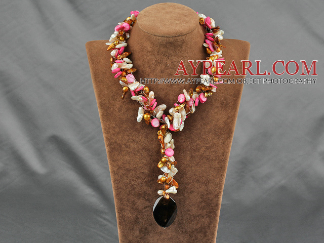 Pink Series pearl shell and agate Y shaped necklace with moonlight clasp