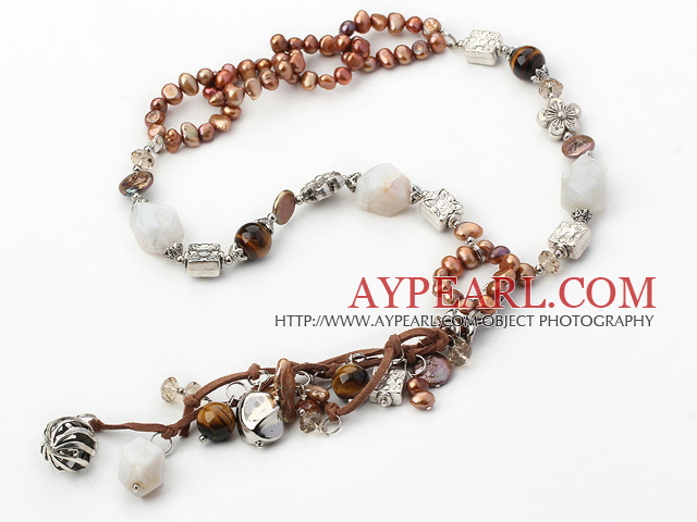 Y shape brown pearl agate and riger eye necklace