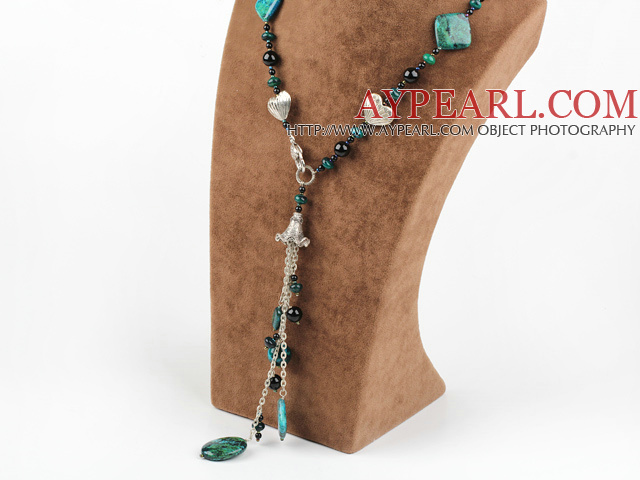 Popular Multi Black Agate And Phoenix Stone Metal Chain Pendant Necklace