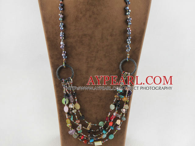 25,6 pouces de mode en noir collier de perles de pierres précieuses de couleur multi