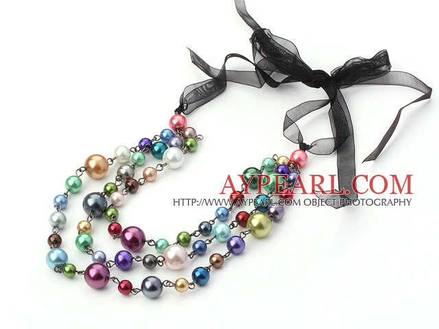 3 strand multi color shell beaded neckalce with black ribbon