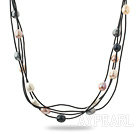 Three Strands 11-12mm Multi Color Freshwater Pearl and Black Leather Necklace