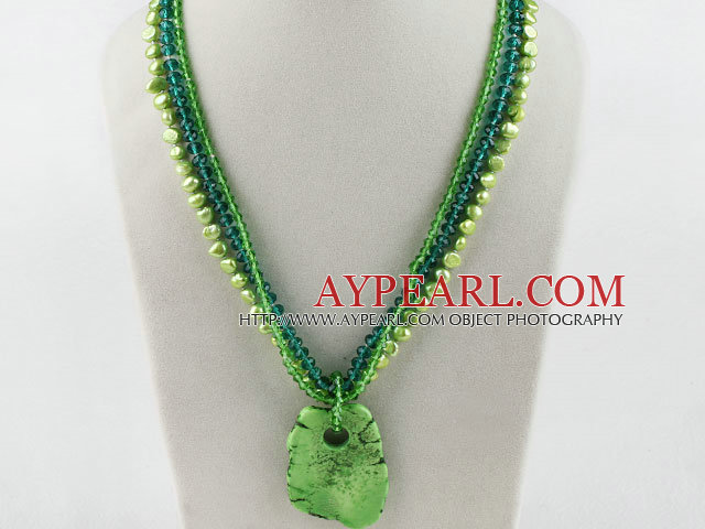 fashion three strand green pearl crystal and turquoise necklace