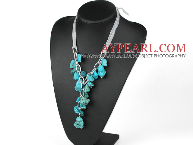 chunky style 23.6 inches Y shape turquoise necklace with ribbon