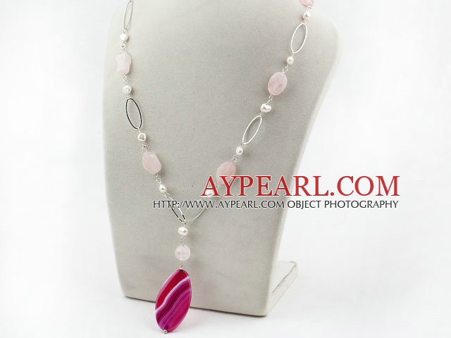 mote hvit perle rose quartze og agat anheng halskjede