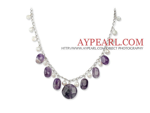 17.7 inches white pearl and amethyst necklace with extendable chain