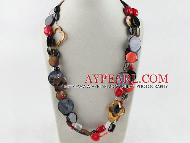 long style 51.2 inches coral black agate and shell necklace