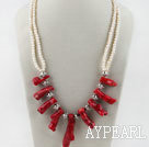 19.7 inches double strand white pearl and red coral necklace