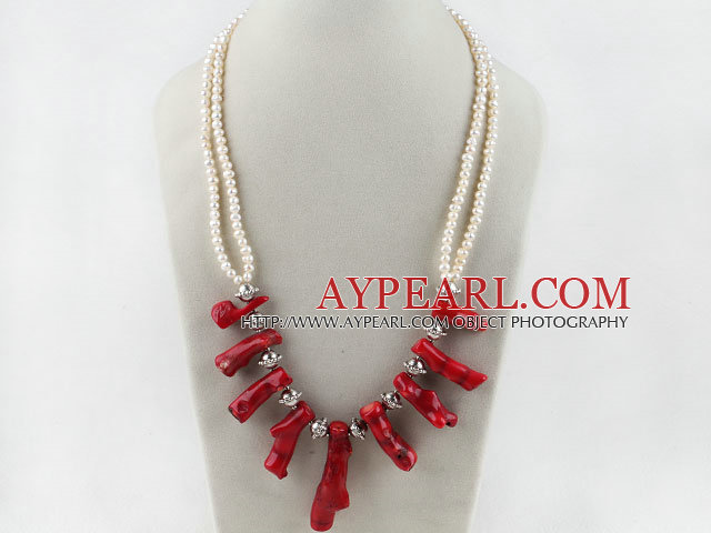 19.7 inches double strand white pearl and red coral necklace