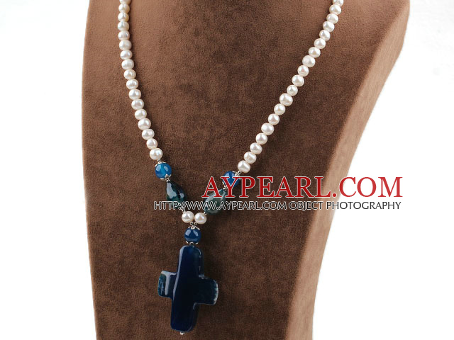 White Freshwater Pearl and Cross Shape Blue Agate Pendant Necklace