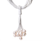 Multi Strands 11-12mm White Freshwater Pearl Leather Necklace with Magnetic Clasp and White Leather