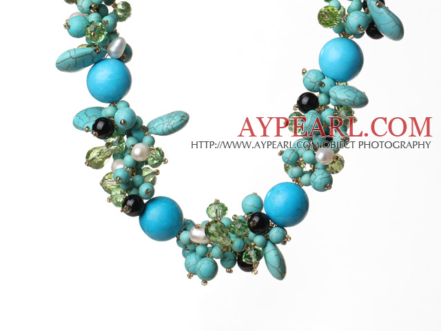 Beautiful Blue Turquoise and Crystal and Pearl Necklace