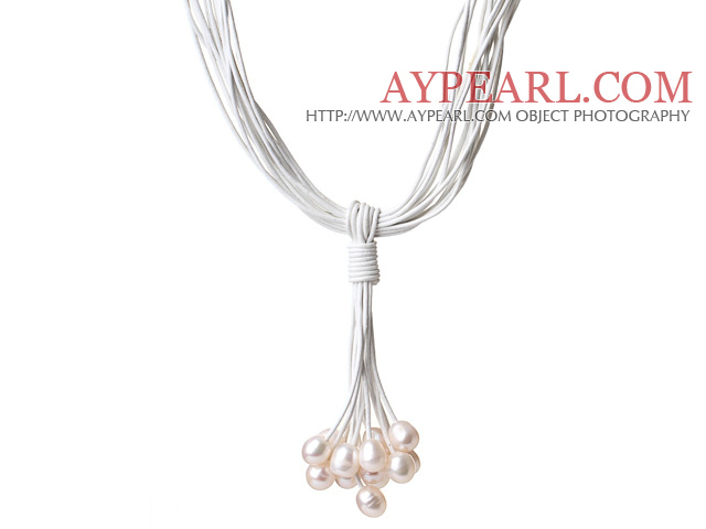 Multi Strands 11-12mm White Freshwater Pearl Leather Necklace with Magnetic Clasp and White Leather