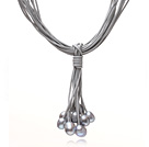 Multi Strands 11-12mm Gray Freshwater Pearl Leather Necklace with Magnetic Clasp and Gray Leather
