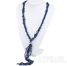 3 Strand Lapis Chips and Pearl Y Shape Tassel necklace