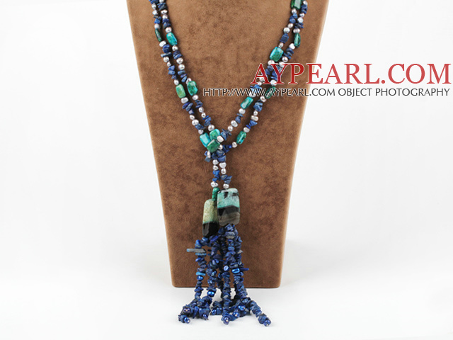 double strand white pearl lapis and phoenix stone necklace