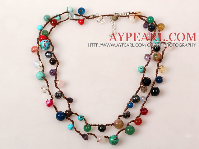 Long Stil Multi Color Multi Stone håndknyttet Necklace 