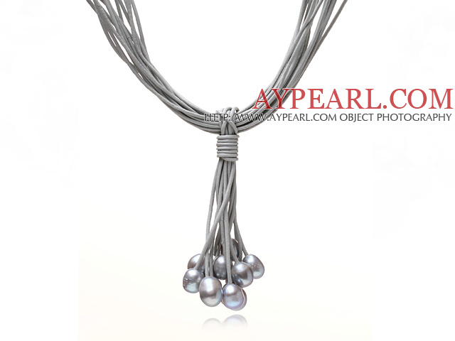 Les brins multi 11-12mm d'eau douce grise Collier en cuir avec fermoir magnétique perle et gris en cuir