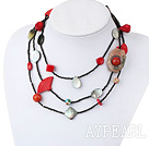 Multi Function Black Lip Shell Red Coral Bloodstone Cinnaba Agate Necklace, Long Y Shape Necklace