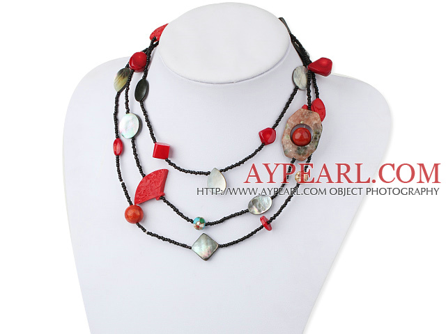 Multi Function Black Lip Shell Red Coral Bloodstone Cinnaba Agate Necklace, Long Y Shape Necklace