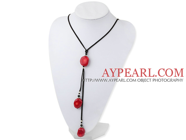 Lovely Oval And Polygon Red Coral Pendant Necklace With Black Cord