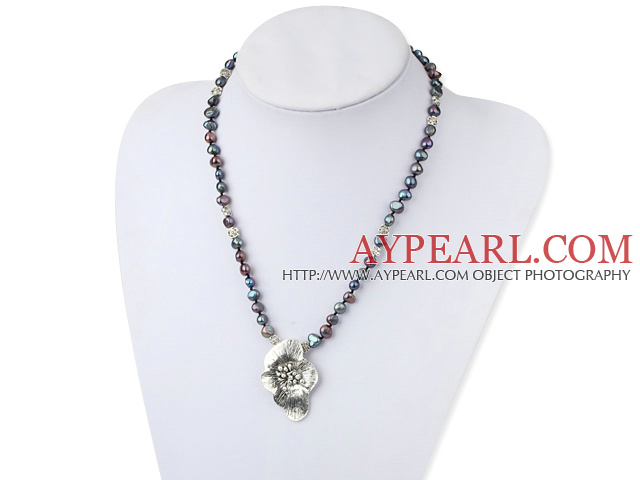 Fashion Mixed Color Fresh Water Pearl With Tibet Silver Petal Necklace