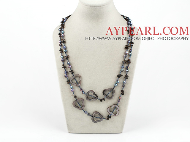 Beautiful Long Style Dyed Pearl Shell Flower And Black Jade Strand Necklace, Sweater Necklace