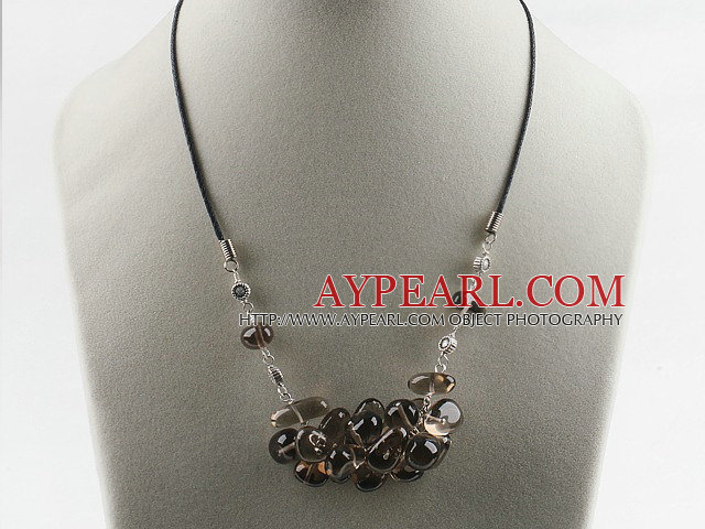 Fashion Cluster Smoky Quartz Charm Necklace With Black Cords And Extendable Chain