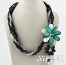 Multi Strands Black and Clear Crystal and Green Shell Flower Party Necklace